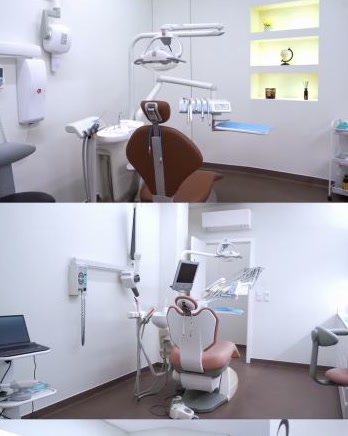 Gabinete dentário da clínica com cadeira e equipamento clínico.